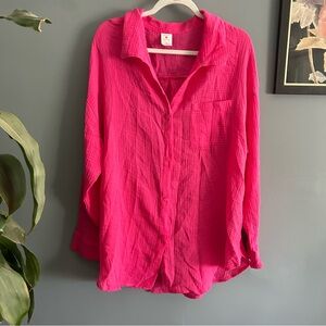 Shade and Shore Relaxed Gauze Button-Down Shirt - Hot Pink sz XL